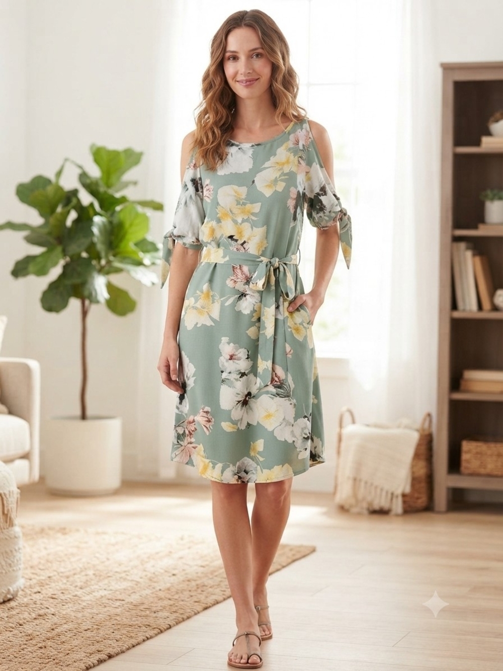 Cold-Shoulder Floral Belted Dress in Sage Green